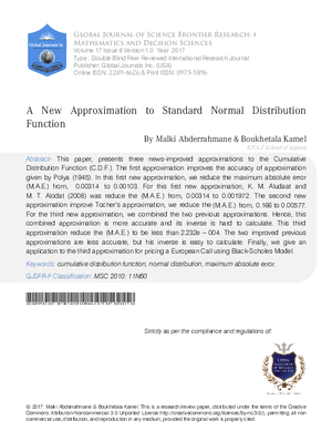 A New Approximation to Standard Normal Distribution Function