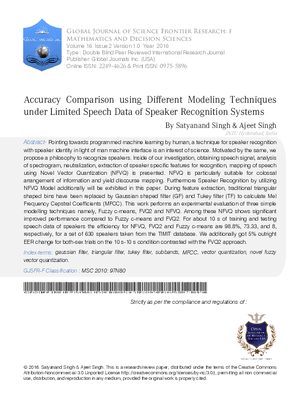 Accuracy Comparison using Different Modeling Techniques under Limited Speech Data of Speaker Recognition Systems
