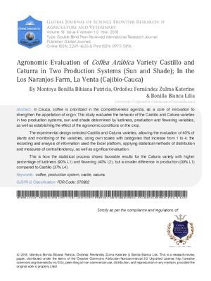 Agronomic Evaluation of Coffea ArAbica Variety Castillo and Caturra In Two Production Systems (Sun and Shade); In the Los Naranjos  Farm, La Venta (Cajibio-Cauca)