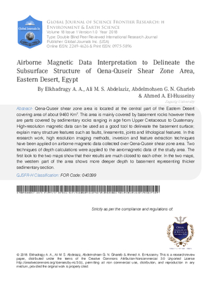 Airborne Magnetic Data Interpretation to delineate the Subsurface Structure of Qena-Quseir Shear Zone Area, Eastern Desert, Egypt