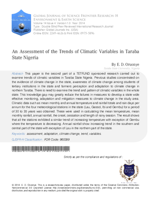 An Assessment of the Trends of Climatic Variables in Taraba State Nigeria
