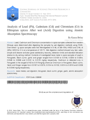 Analysis of   Lead (Pb),Cadmium (Cd) and Chromium (Cr) in Ethiopian spices After wet (Acid) Digestion using Atomic Absorption Spectroscopy