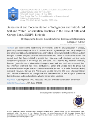 Assessment and Documentation of Indigenous and Introduced Soil and Water Conservation Practices in the Case of Silte and Gurage zone, SNNPR, Ethiopia
