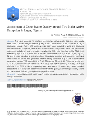 Assessment of Groundwater Quality around Two Major Active Dumpsites in Lagos, Nigeria