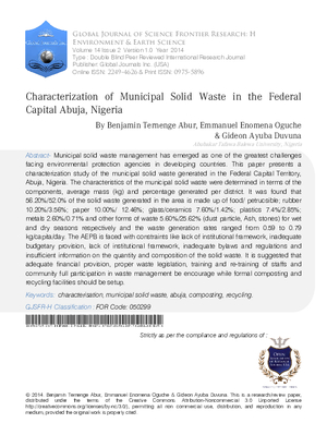 Characterization of Municipal Solid Waste in the Federal Capital, Abuja, Nigeria