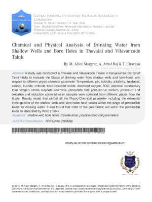 Chemical and Physical Analysis of Drinking Water from Shallow Wells and Bore Holes in Thovalai and Vilavancode Taluk