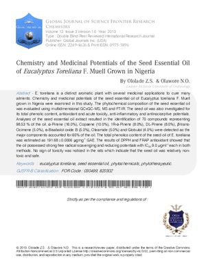 Chemistry and Medicinal Potentials of the Seed Essential Oil of Eucalyptus toreliana F. Muell Grown in Nigeria