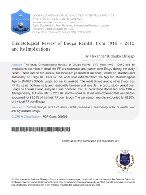 Climatological Review of Enugu Rainfall from 1916 a 2012 and its Implications