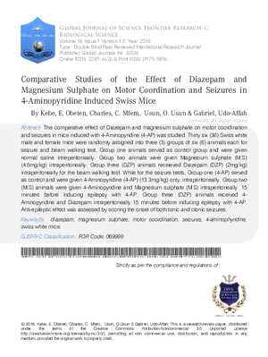 Comparative Studies of the Effect of Diazepam and Magnesium Sulphate on Motor Coordination and Seizures in 4-Aminopyridine Induced Swiss Mice