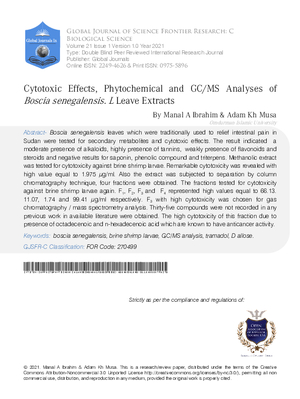 Cytotoxic Effects, Phytochemical and GC/MS Analyses of Bosciasenegalensis.L Leave Extracts