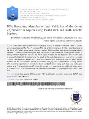 DNA Barcoding, Identification and Validation of the Genus Phyllanthus in Nigeria using Plastid rbcL and matK Genetic Markers
