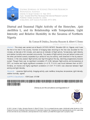Diurnal and Seasonal Flight Activity of the Honeybee, Apis Mellifera L, and its Relationship with Temperature, Light Intensity and Relative Humidity in the Savanna of Northern Nigeria
