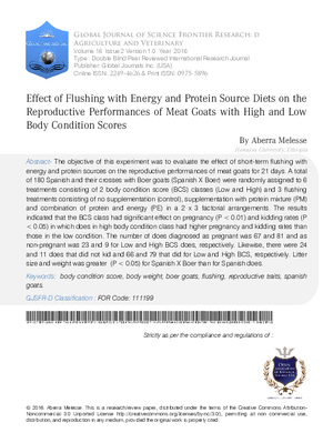 Effect of Flushing with Energy and Protein Source Diets on the Reproductive Performances of Meat Goats with High and Low Body Condition Scores