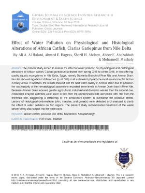 Effect of Water Pollution on Physiological and Histological alterations of African catfish, Clarias gariepinus from Nile Delta