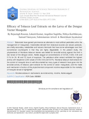 Efficacy of Tobacco Leaf Extracts on the Larva of the Dengue Vector Mosquito
