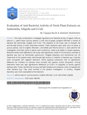 Evaluation of Anti Bacterial Activity of Fresh Plant Extracts on Salmonella, Shigella and E.coli