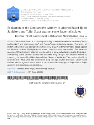 Evaluation of the Comparative Activity of Alcohol-Based Hand Sanitizers and Toilet Soaps against some Bacterial Isolates