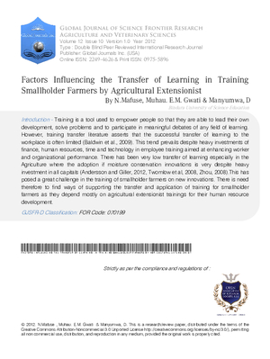 Factors Influencing the Transfer of Learning in Training Smallholder Farmers by Agricultural Extensionist