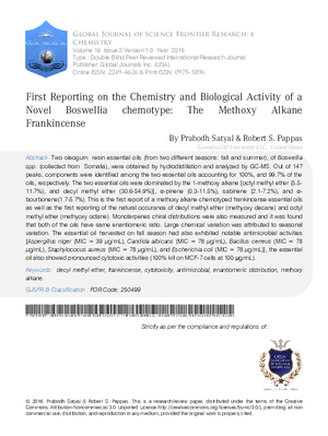 First Reporting on the Chemistry and Biological Activity of a Novel Boswellia Chemotype: The Methoxy Alkane Frankincense