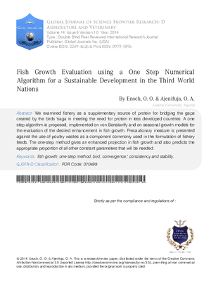 Fish Growth Evaluation using a One Step Numerical Algorithm for a Sustainable Development in the Third World Nations