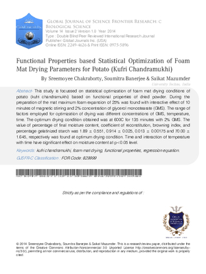 Functional Properties based Statistical Optimization of Foam Mat Drying Parameters for Potato (Kufri Chandramukhi)