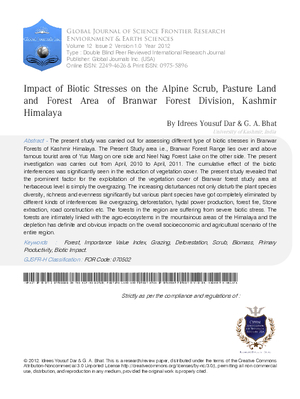 Impact of Biotic Stresses on the Alpine Scrub, Pasture Land and Forest Area of Branwar Forest Division, Kashmir Himalaya