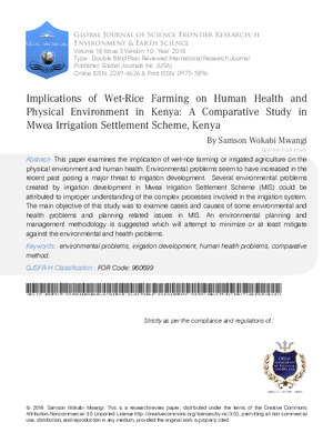 Implications of Wet-Rice Farming on Human Health and Physical Environment in Kenya: a Comparative Study in Mwea Irrigation Settlement Scheme, Kenya