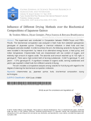 Influence of Different Drying Methods over the Biochemical Compositions of Japanese Quince