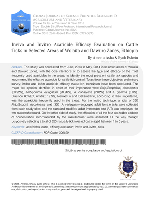 Invivo and Invitro Acaricide Efficacy Evaluation on Cattle Ticks in Selected Areas of Wolaita and Dawuro Zones, Ethiopia