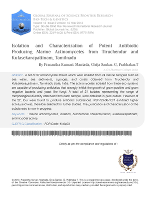 Isolation and Characterization of Potent Antibiotic Producing Marine Actinomycetes from Tiruchendur and Kulasekarapattinam, Tamilnadu