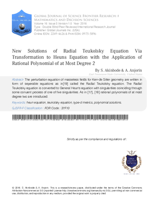 New Solutions of Radial Teukolsky Equation Via Transformation to Heuns Equation with the Application of Rational Polynomial of at Most Degree 2