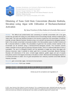 Obtaining of Nano Gold from Concentrate (Banská Hodruša, Slovakia) Using Algae with Utilization of Mechanochemical Activation