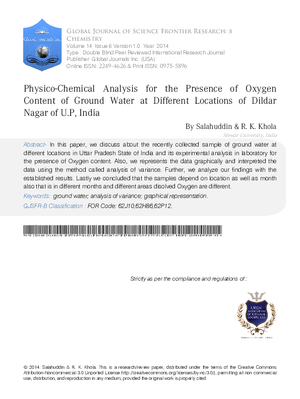 Physico-Chemical Analysis for the Presence of Oxygen Content of Ground Water at Different Locations of Dildar Nagar of U.P, India