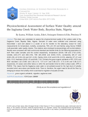 Physicochemical Assessment of Surface Water Quality around the Sagbama Creek Water Body, Bayelsa State, Nigeria