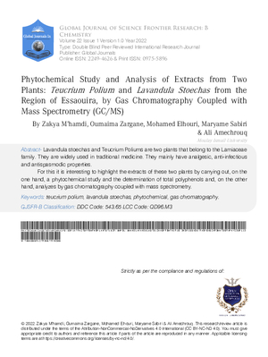 Phytochemical Study and Analysis of Extracts from Two Plants: Teucrium Polium and Lavandula Stoechas from the Region of Essaouira, by Gas Chromatography Coupled with  Mass Spectrometry (GC / MS)