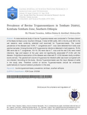 Prevalence of Bovine Trypanosomiases in Tembaro District, Kembata Tembaro Zone, Southern Ethiopia