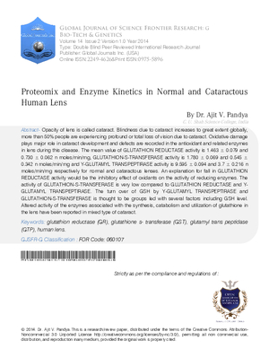 Proteomix and Enzyme Kinetics in Normal and Cataractous Human Lens
