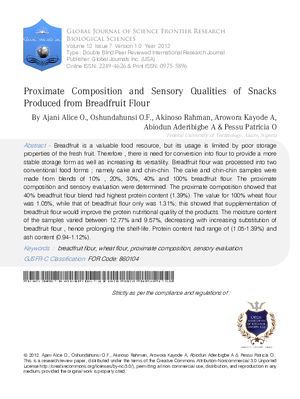 Proximate Composition and Sensory Qualities of Snacks Produced from Breadfruit Flour