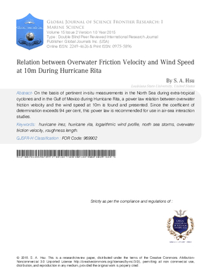 Relation between Overwater Friction Velocityand Wind Speed at 10m during Hurricane Rita