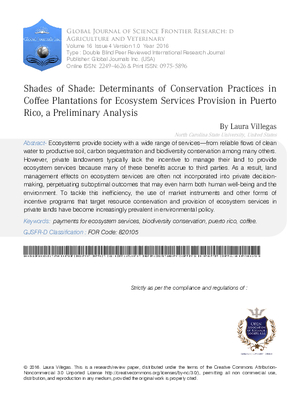 Shades of Shade: Determinants of Conservation Practices in Coffee Plantations for Ecosystem Services Provision in Puerto Rico, a Preliminary Analysis