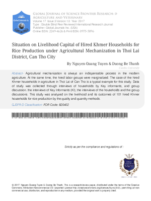 Situation on Livelihood Capital of Hired Khmer Households for Rice Production under Agricultural Mechanization in Thoi Lai District, can Tho City