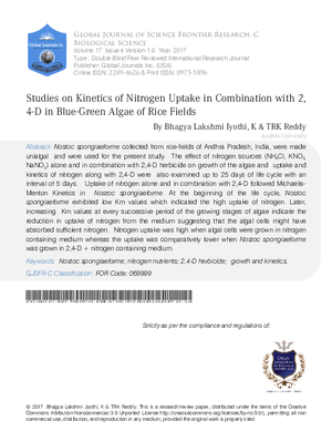 Studies on Kinetics of Nitrogen Uptake in Combination with 2,4-D in Blue-Green Algae of Rice Fields