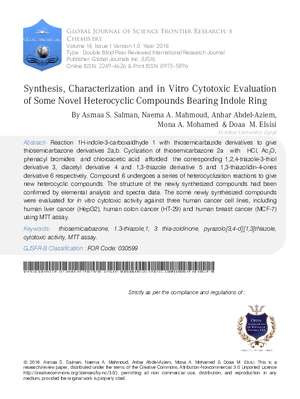 Synthesis, Characterization and in Vitro Cytotoxic Evaluation of Some Novel Heterocyclic Compounds Bearing Indole Ring