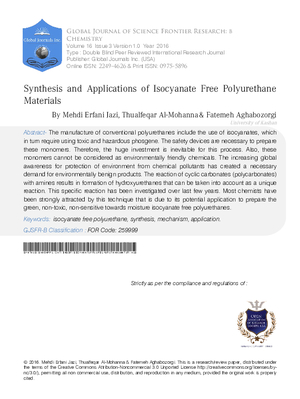 Synthesis and Applications of Isocyanate Free Polyurethane Materials