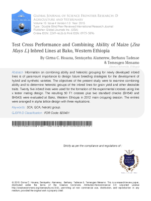 Test Cross Performance and Combining Ability of Maize (zea mays l.) Inbred Lines at Bako, Western Ethiopia