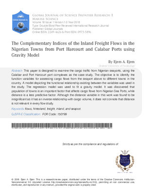 The Complementarily Indices of the Inland Freight Flows in the Nigerian Towns from Port Harcourt and Calabar Ports using Gravity Model