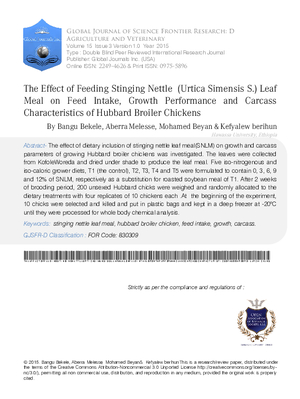 The Effect of Feeding Stinging Nettle (Urtica Simensis S.) Leaf Meal on Feed Intake, Growth Performance and Carcass Characteristics of Hubbard Broiler Chickens