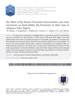 THE EFFECT OF PIG REARERS PERSONNAL CHARACTERISTICS AND SOME CONSTRAINTS ON SMALL HOLDER PIG PRODUCTION IN MUBI ZONE OF ADAMAWA STATE, NIGERIA.