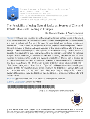 The Feasibility of using Natural Rocks as Sources of Zinc and Cobalt Inlivestock Feeding in Ethiopia