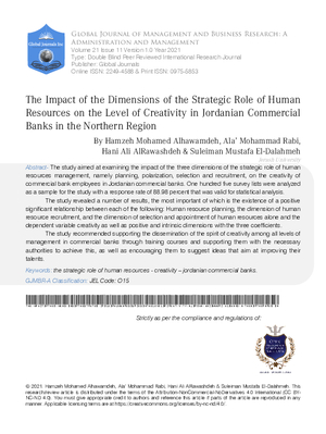 The Impact of the Dimensions of the Strategic Role of Human Resources on the Level of Creativity in Jordanian Commercial Banks in the Northern Region